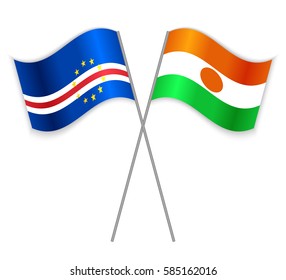 Cabo Verdean and Nigerien crossed flags. Cape Verde combined with Niger isolated on white. Language learning, international business or travel concept.