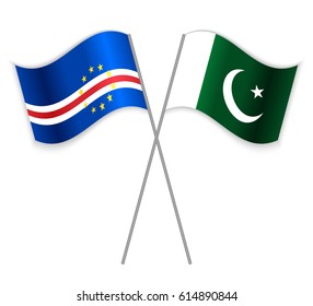 Cabo Verdean and Pakistani crossed flags. Cabo Verde combined with Pakistan isolated on white. Language learning, international business or travel concept.