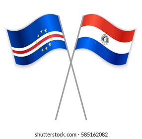 Cabo Verdean and Paraguayan crossed flags. Cape Verde combined with Paraguay isolated on white. Language learning, international business or travel concept.