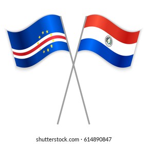Cabo Verdean and Paraguayan crossed flags. Cabo Verde combined with Paraguay isolated on white. Language learning, international business or travel concept.