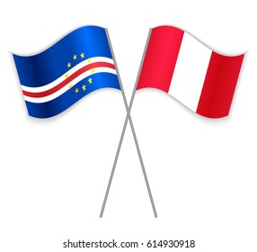 Cabo Verdean and Peruvian crossed flags. Cabo Verde combined with Peru isolated on white. Language learning, international business or travel concept.