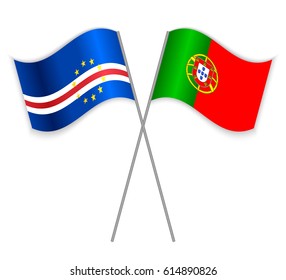 Cabo Verdean and Portuguese crossed flags. Cabo Verde combined with Portugal isolated on white. Language learning, international business or travel concept.