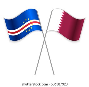 Cabo Verdean and Qatari crossed flags. Cape Verde combined with Qatar isolated on white. Language learning, international business or travel concept.