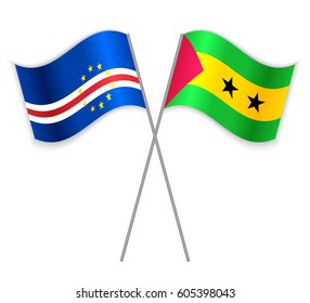 Cabo Verdean and Sao Tomean crossed flags. Cape Verde combined with Sao Tome and Principe isolated on white. Language learning, international business or travel concept.