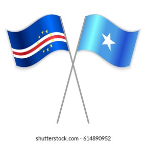 Cabo Verdean and Somali crossed flags. Cabo Verde combined with Somalia isolated on white. Language learning, international business or travel concept.