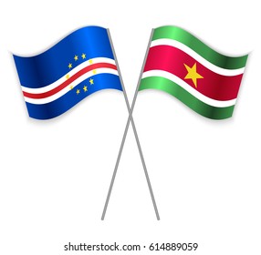 Cabo Verdean and Surinamese crossed flags. Cabo Verde combined with Suriname isolated on white. Language learning, international business or travel concept.