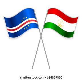 Cabo Verdean and Tajikistani crossed flags. Cabo Verde combined with Tajikistan isolated on white. Language learning, international business or travel concept.