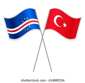 Cabo Verdean and Turkish crossed flags. Cabo Verde combined with Turkey isolated on white. Language learning, international business or travel concept.