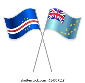 Cabo Verdean and Tuvaluan crossed flags. Cabo Verde combined with Tuvalu isolated on white. Language learning, international business or travel concept.