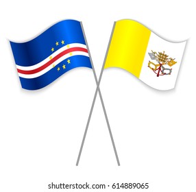 Cabo Verdean and Vatican crossed flags. Cabo Verde combined with Vatican City State isolated on white. Language learning, international business or travel concept.