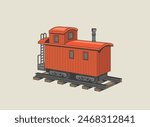 Caboose on railway vector line design illustration. Vintage train