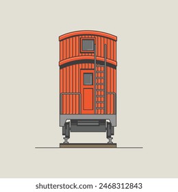 Caboose on railway vector line design illustration. Vintage train