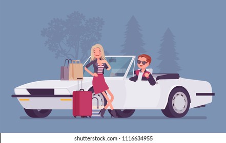 Cabriolet boy giving girl a lift. Young man playfully offers to take woman after shopping carrying bags and purchases in his car, flirting attracted to lady. Vector flat style cartoon illustration