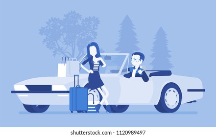 Cabriolet boy giving girl a lift. Young man playfully offers to take woman after shopping carrying bags and purchases in his car, flirting attracted to lady. Vector illustration, faceless characters