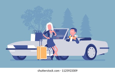 Cabriolet boy giving girl a lift. Young man playfully offers to take woman after shopping carrying bags and purchases in his car, flirting attracted to lady. Vector illustration, faceless characters