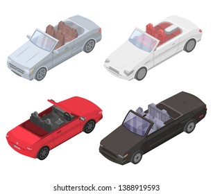 Cabriolet car icons set. Isometric set of cabriolet car vector icons for web design isolated on white background