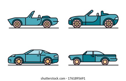 Cabriolet car icons set. Outline set of cabriolet car vector icons thin line color flat on white