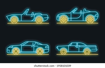 Cabriolet car icons set. Outline set of cabriolet car vector icons neon color on black