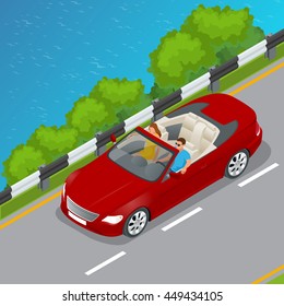 Cabriolet car isometric vector illustration. Flat 3d convertible image. Transport for summer travel. Sports car vehicle