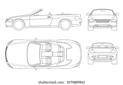 Cabriolet car in outline. Cabrio coupe vehicle template vector isolated on white. View front, rear, side, top. All elements in groups