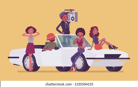 Cabriolet car with teens. Group of black men and women enjoy ride and music, happy young friends, having summer leisure, road trip or travel together. Vector flat style cartoon illustration