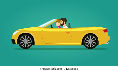 Cabriolet with couple side view . Vector flat style illustration