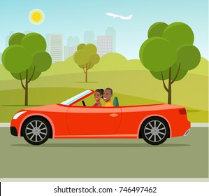 Cabriolet with couple side view.Funny  afro american family driving in red car on weekend holiday. Vector flat style illustration