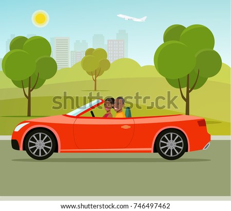 Cabriolet with couple side view.Funny  afro american family driving in red car on weekend holiday. Vector flat style illustration
