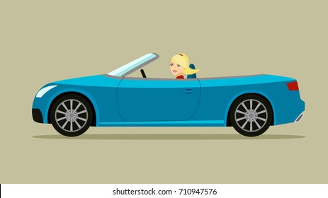 Cabriolet with driver woman side view . Vector flat illustration