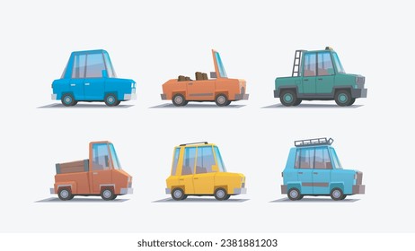 cabriolet and others colorful vehicles in set