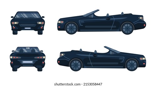 Cabriolet set. Black luxury automobile for traveling. Front, back and two side views. Flat vector illustration