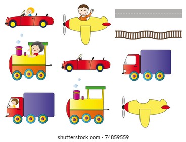 Cabriolet, truck, locomotive and aeroplane