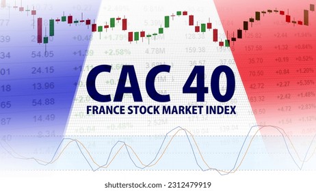 CAC 40. Index von 40 ausgewählten französischen Blue-Chip-Aktien, die an der Pariser Börse gehandelt werden. Candlestick-Muster, Preisnotierung, Stochastic-Indikator und Flagge Frankreichs.