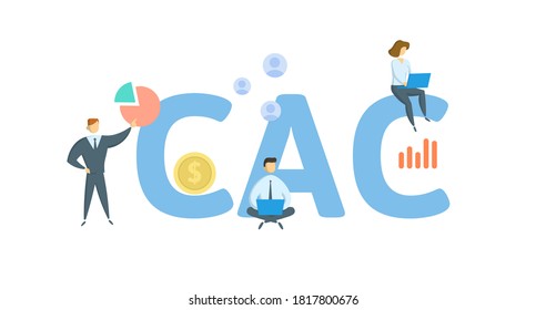 CAC, Customer Acquisition Cost. Concept with keywords, people and icons. Flat vector illustration. Isolated on white background.