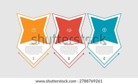 CAC for customer acquisition cost model infographic template with star shape with arrow bottom direction with 3 points information flat style vector