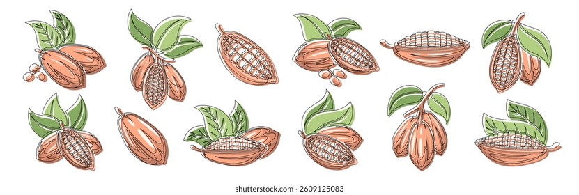 Cacao bean brown plant continuous one line drawing icon set. Editable stroke. Outline cocoa pod collections isolated on a white background. Vector illustration