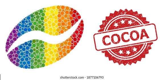 Cacao bean collage icon of round elements in different sizes and rainbow colored color tinges, and Cocoa grunge rosette seal print. A dotted LGBT-colored Cacao bean for lesbians, gays, transgenders,