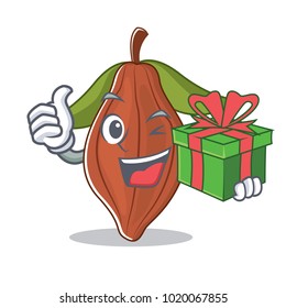 Cacao bean with gift mascot cartoon