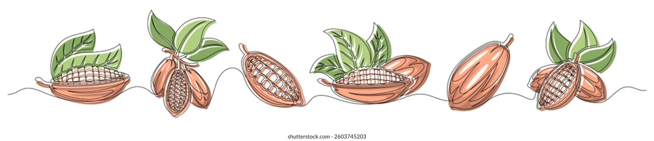 Cacao bean pod brown continuous one line drawing set isolated on a white background. Horizontal banner. Outline cocoa bean plant collections. Editable stroke. Vector illustration