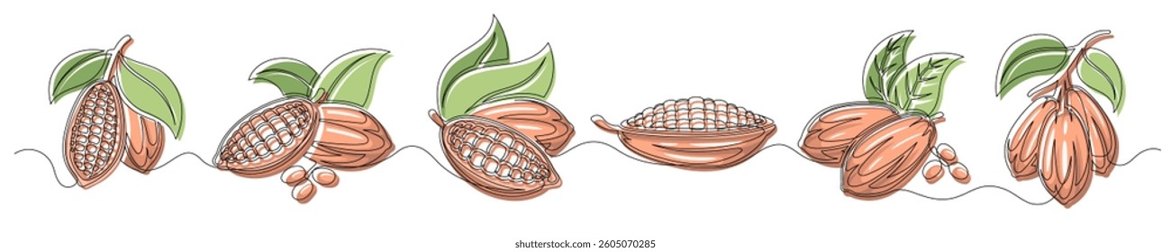 Cacao bean pod brown continuous one line drawing set isolated on a white background. Horizontal banner. Outline cocoa bean plant collections. Editable stroke. Vector illustration