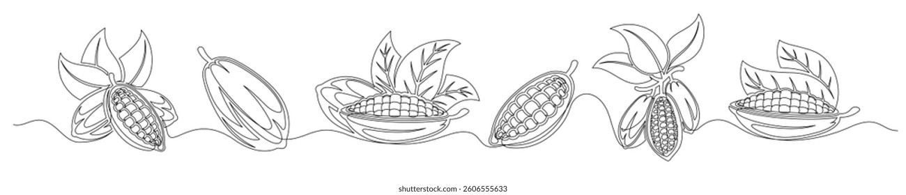 Cacao bean pod continuous one line drawing set isolated on a white background. Horizontal banner. Outline cocoa bean plant collections. Editable stroke. Vector illustration