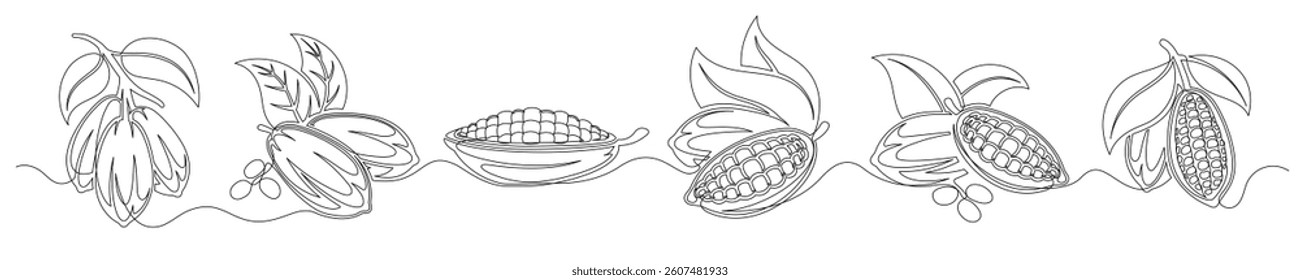 Cacao bean pod continuous one line drawing set isolated on a white background. Horizontal banner. Outline cocoa bean plant collections. Editable stroke. Vector illustration