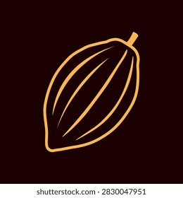 Cacao bean vector flat line illustration on dark brown background. Hand drawn cocoa premium chocolate organic symbol in vintage style for web and design packages.