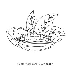 Cacao beans branch with leaves line isolated on white background. Simple silhouette of vegetable. Hand drawn cacao beans branch outline. Vector illustration