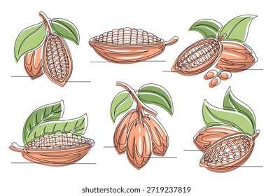 Grãos de cacau marrom contínuo um conjunto de desenho de linha. Contorno de cacau pod planta ícone coleções isoladas em um fundo branco. Traçado editável. Ilustração vetorial