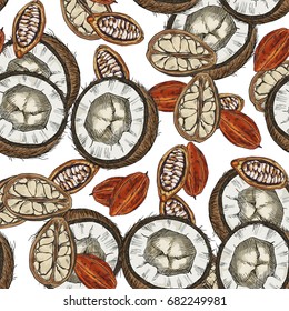 Cacao beans and coconuts. Seamless botanical pattern, Realistic full color vector sketch illustration.
