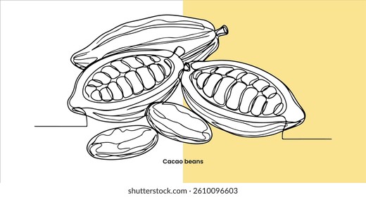 Cacao beans continuous single line art drawing sketch on white background	