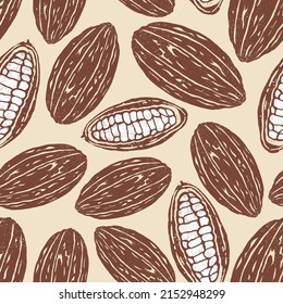 Granos de cacao y fondo de fruta de cacao. Patrón sin foco. Ilustración vintage texturada