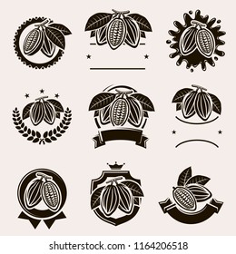 Cacao beans label and icons set. Vector