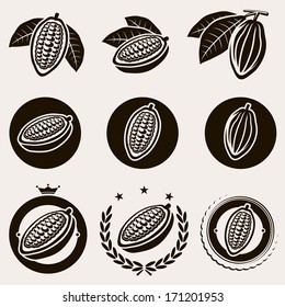 Cacao beans label and icons set. Vector 